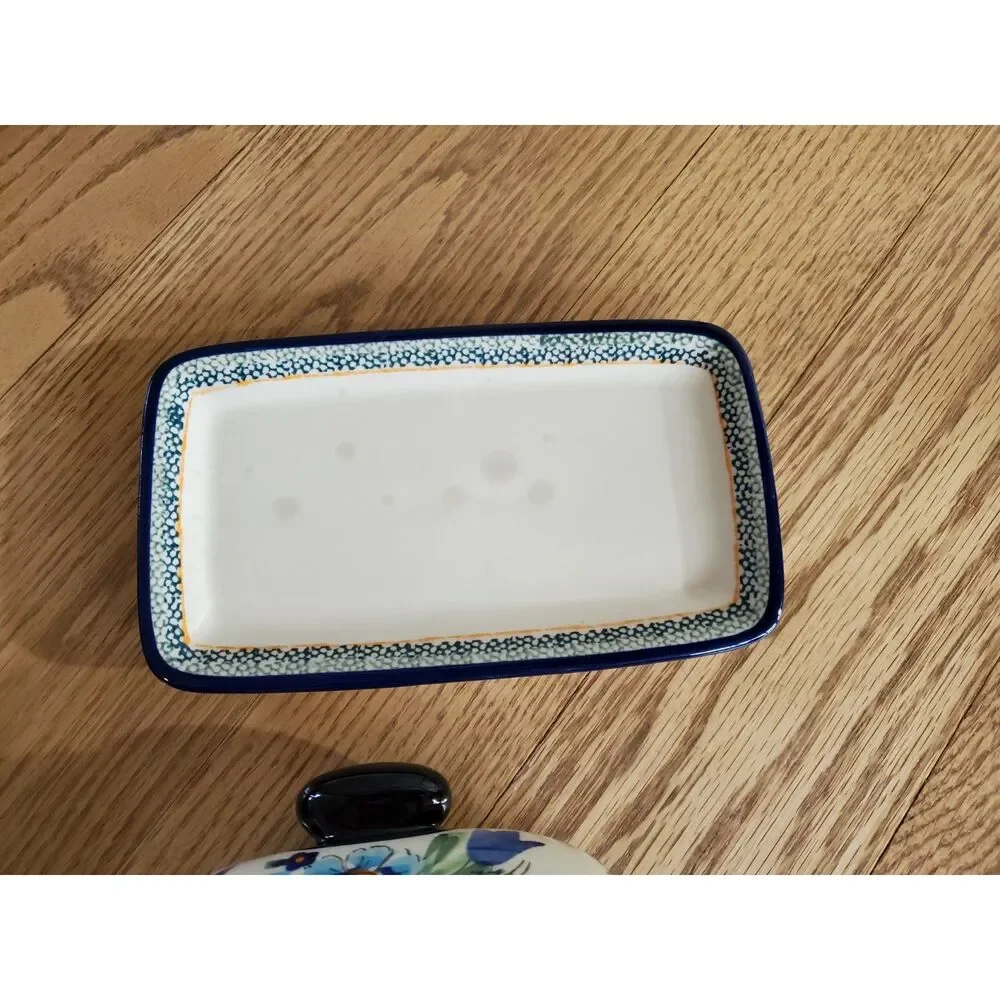 Blue Rose Polish Pottery Ballina Butter Dish Cottagecore EUC